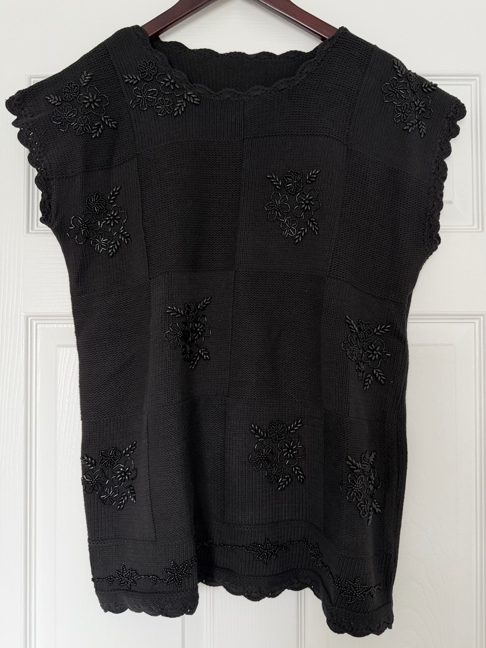 Vintage Black Beaded Knit Cap-Sleeve Top